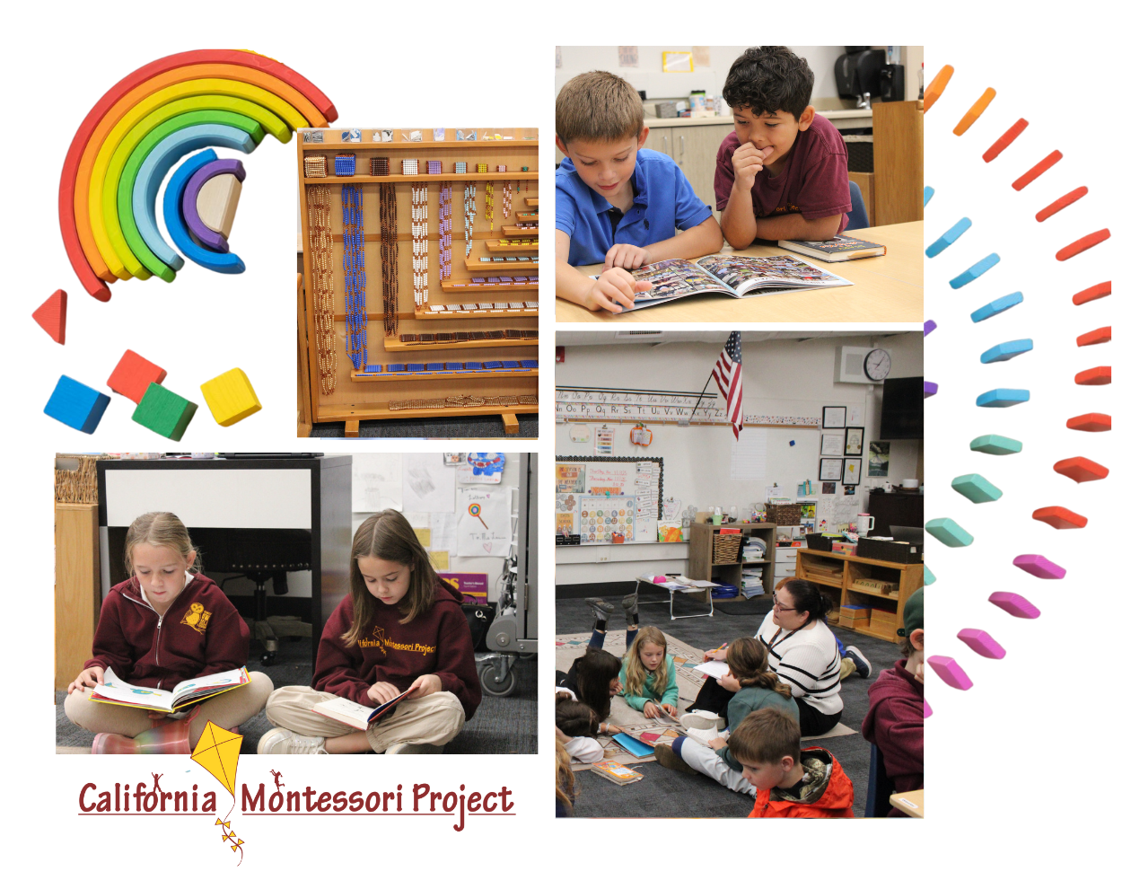 students reading, and learning in the classroom and on the ground